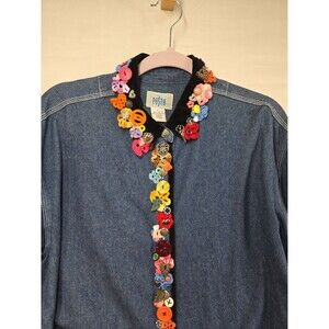 Vintage 90s Embellished Denim Shirt Buttons Flowers Pins Black Velvet Size Large